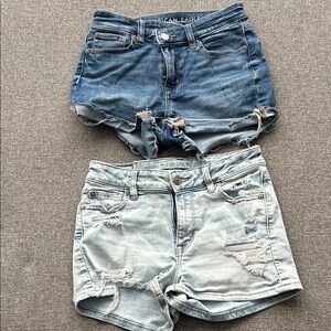 American Eagle Outfitters Women's Distressed Denim Shorts - Blue and Light Blue